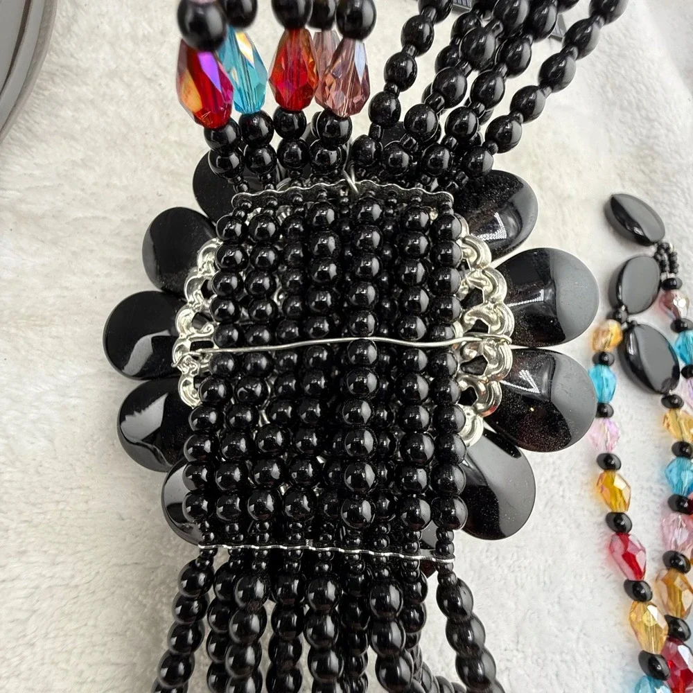 Joan Rivers Necklace Black Glass Floral Tassel Multi Strand 20